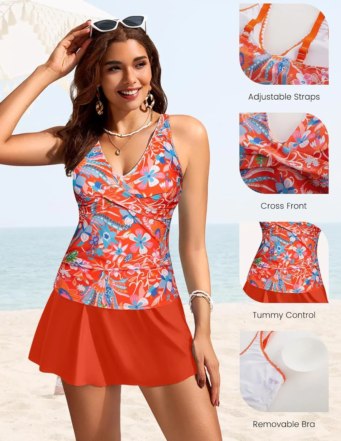 Kate Kasin Tankini Swimsuits for Women Tummy Control V Neck Swimdress Two Piece Swim Dress Bathing Suit with Skirt