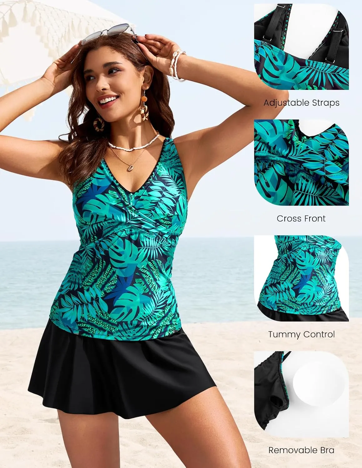 Kate Kasin Tankini Swimsuits for Women Tummy Control V Neck Swimdress Two Piece Swim Dress Bathing Suit with Skirt