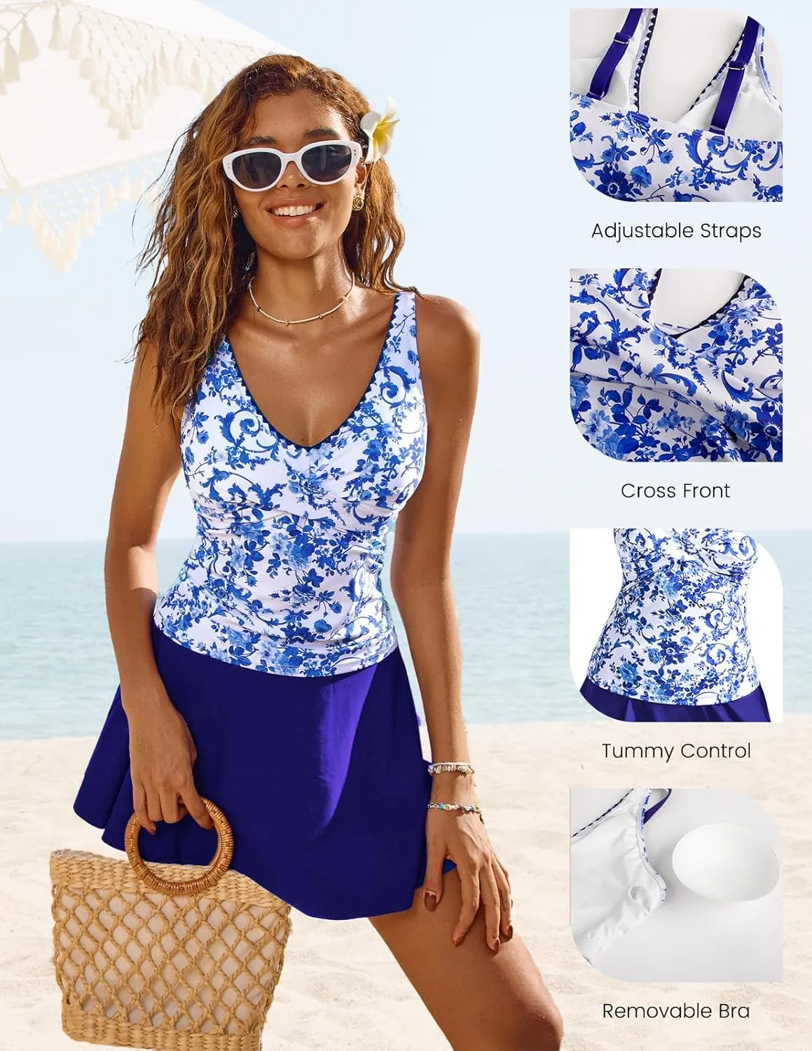 Kate Kasin Tankini Swimsuits for Women Tummy Control V Neck Swimdress Two Piece Swim Dress Bathing Suit with Skirt