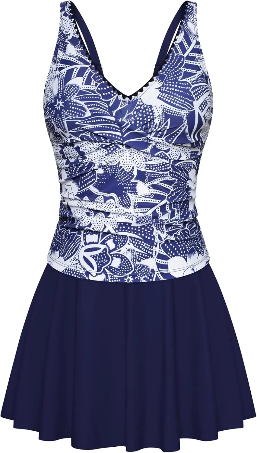 Kate Kasin Tankini Swimsuits for Women Tummy Control V Neck Swimdress Two Piece Swim Dress Bathing Suit with Skirt