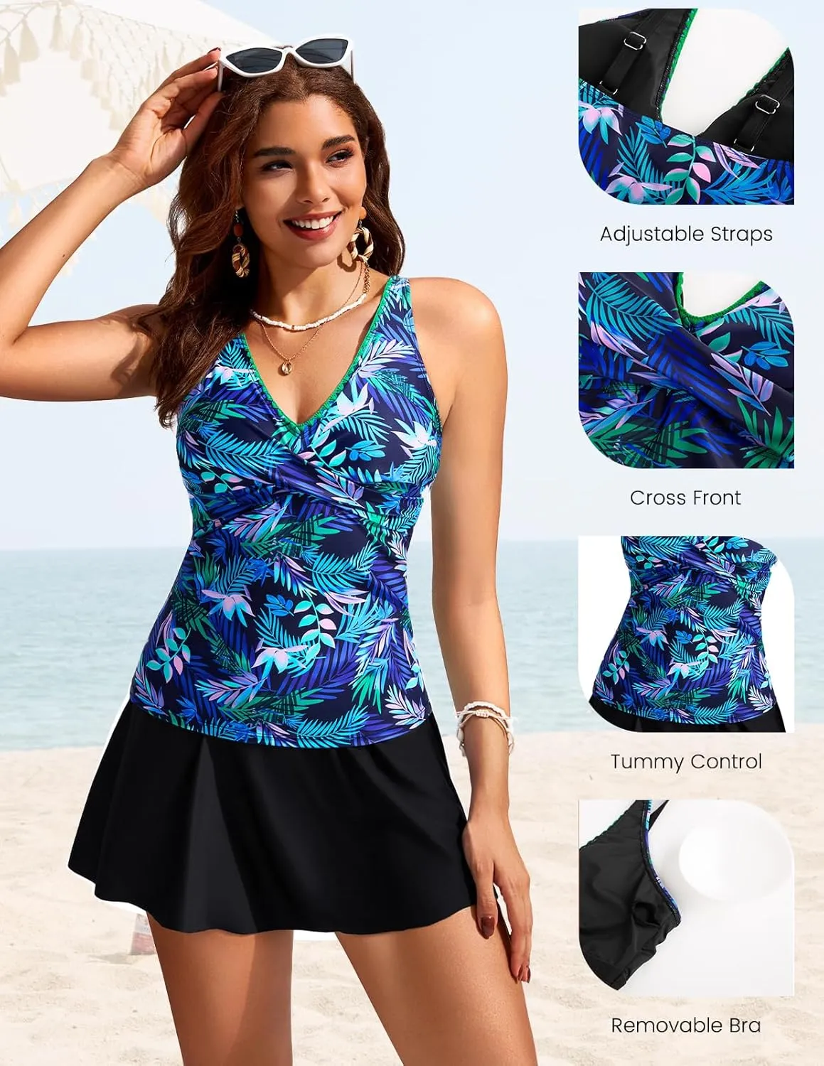 Kate Kasin Tankini Swimsuits for Women Tummy Control V Neck Swimdress Two Piece Swim Dress Bathing Suit with Skirt