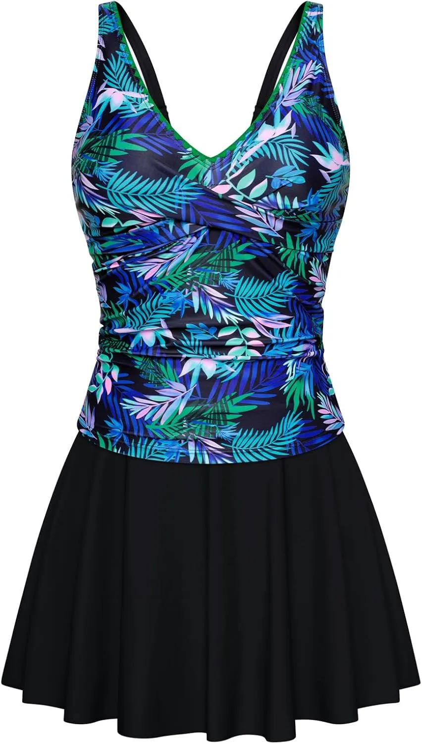 Kate Kasin Tankini Swimsuits for Women Tummy Control V Neck Swimdress Two Piece Swim Dress Bathing Suit with Skirt