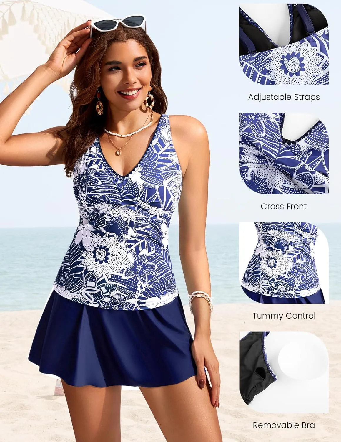 Kate Kasin Tankini Swimsuits for Women Tummy Control V Neck Swimdress Two Piece Swim Dress Bathing Suit with Skirt