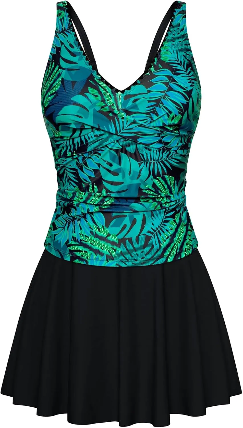 Kate Kasin Tankini Swimsuits for Women Tummy Control V Neck Swimdress Two Piece Swim Dress Bathing Suit with Skirt