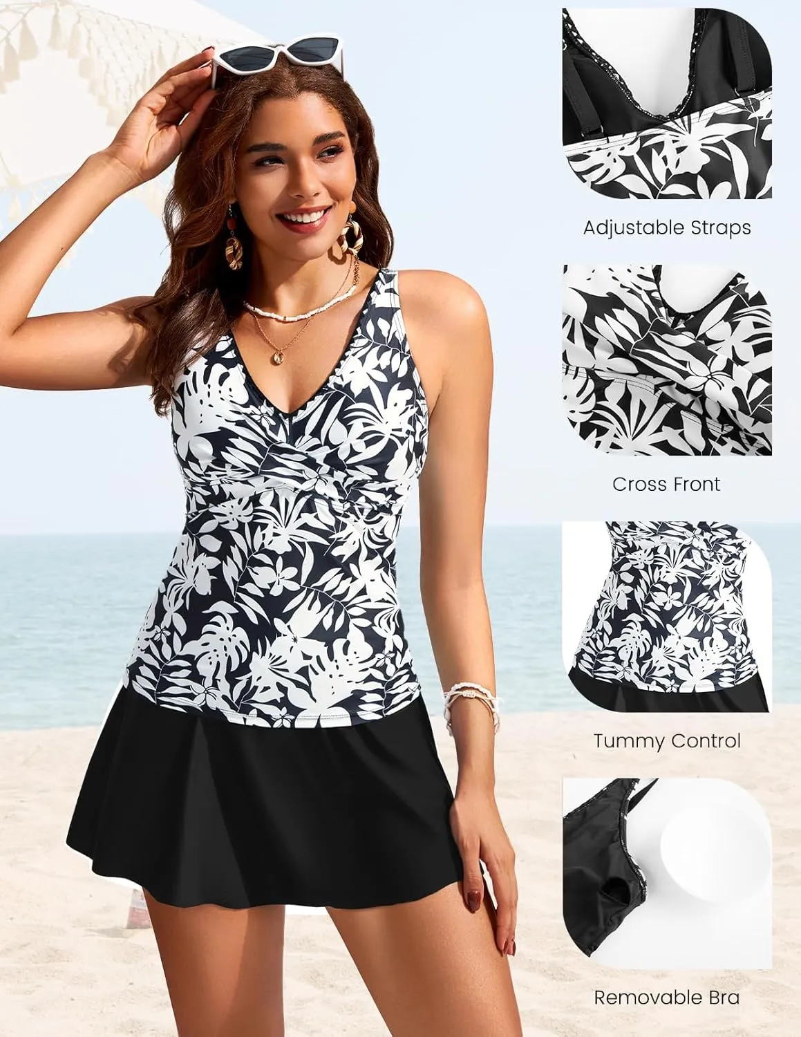 Kate Kasin Tankini Swimsuits for Women Tummy Control V Neck Swimdress Two Piece Swim Dress Bathing Suit with Skirt