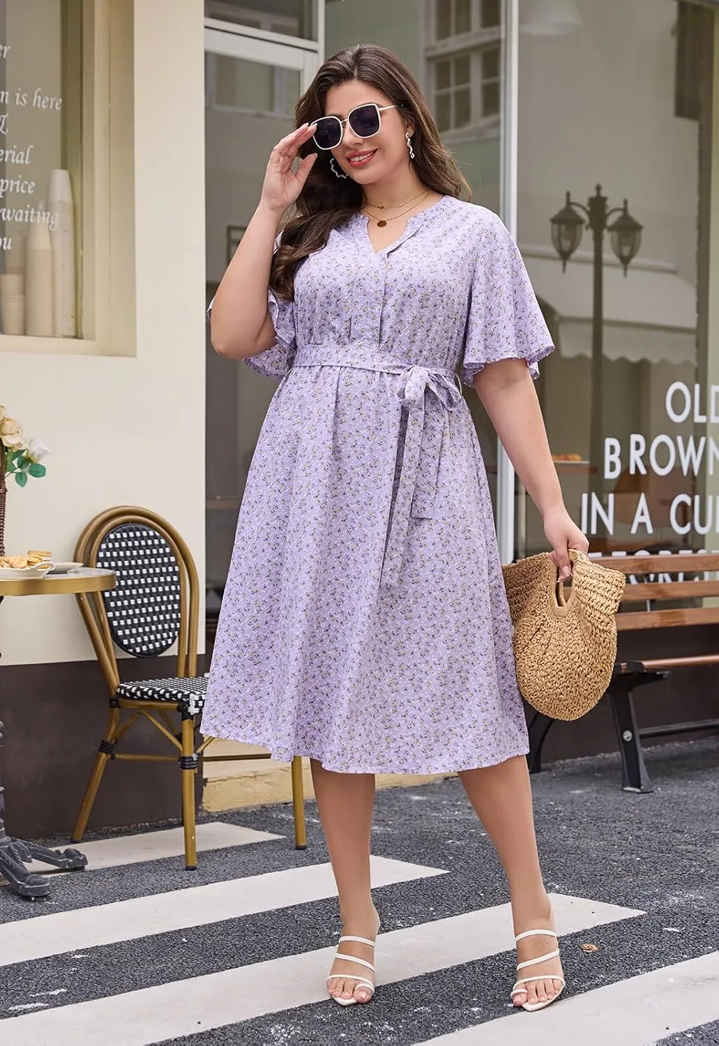 Keluummi Plus Size Summer Midi Dresses for Curvy Women, Casual Floral V Neck Flutter Sleeve A Line Dress with Belt and Pocket