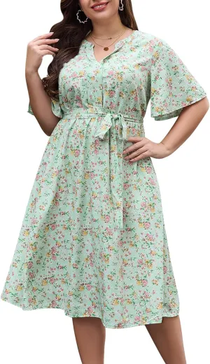 Keluummi Plus Size Summer Midi Dresses for Curvy Women, Casual Floral V Neck Flutter Sleeve A Line Dress with Belt and Pocket