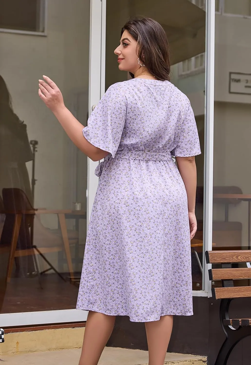Keluummi Plus Size Summer Midi Dresses for Curvy Women, Casual Floral V Neck Flutter Sleeve A Line Dress with Belt and Pocket