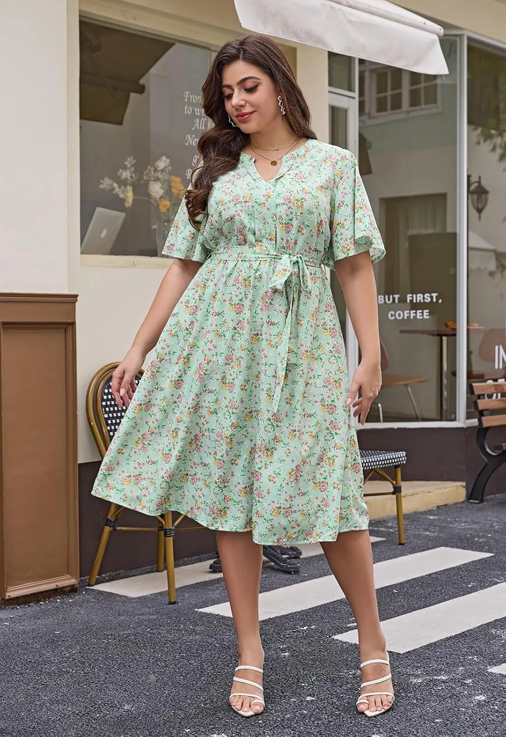 Keluummi Plus Size Summer Midi Dresses for Curvy Women, Casual Floral V Neck Flutter Sleeve A Line Dress with Belt and Pocket