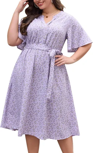Keluummi Plus Size Summer Midi Dresses for Curvy Women, Casual Floral V Neck Flutter Sleeve A Line Dress with Belt and Pocket