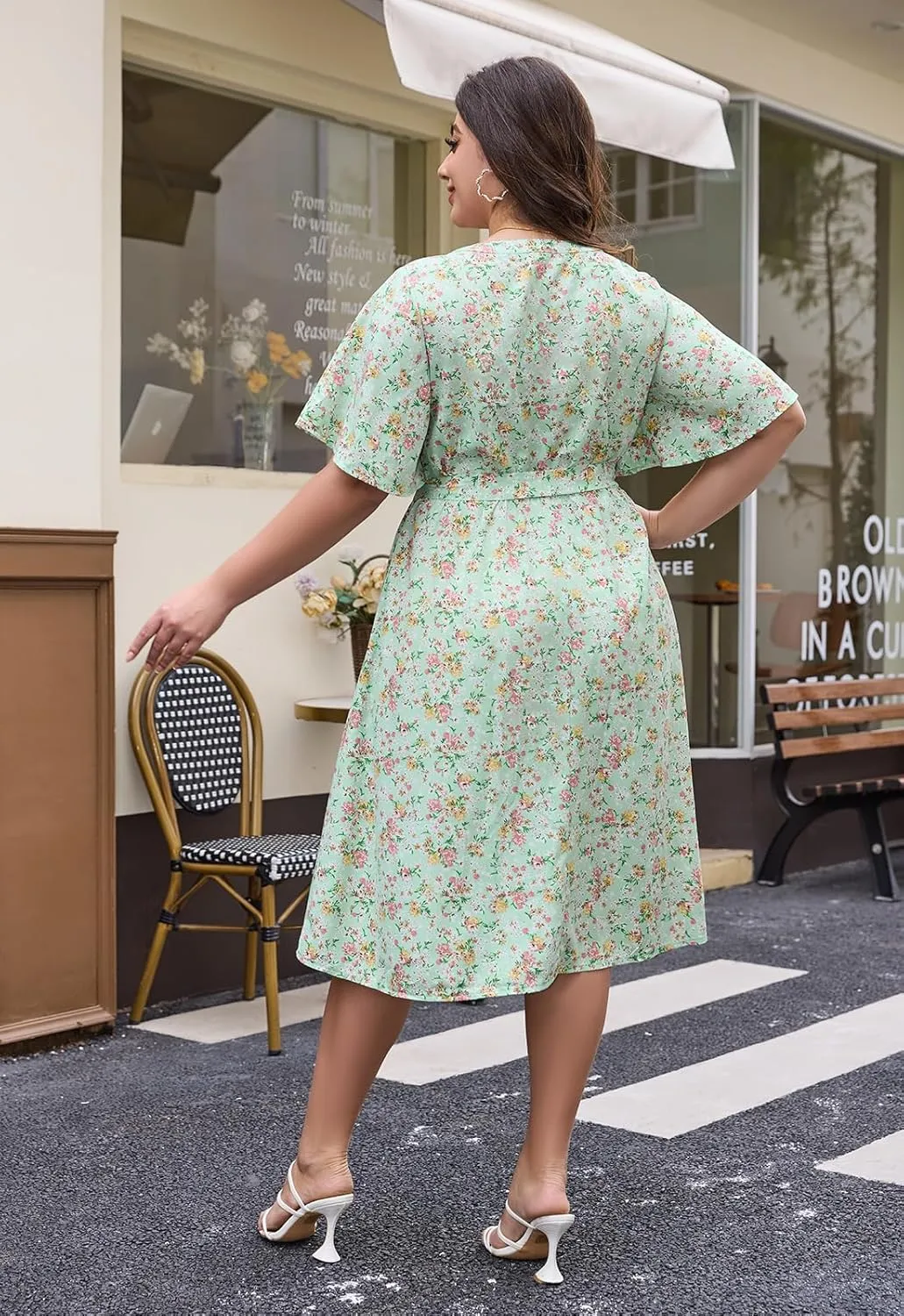 Keluummi Plus Size Summer Midi Dresses for Curvy Women, Casual Floral V Neck Flutter Sleeve A Line Dress with Belt and Pocket