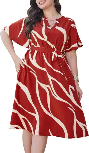 Keluummi Plus Size Summer Midi Dresses for Curvy Women, Casual Floral V Neck Flutter Sleeve A Line Dress with Belt and Pocket
