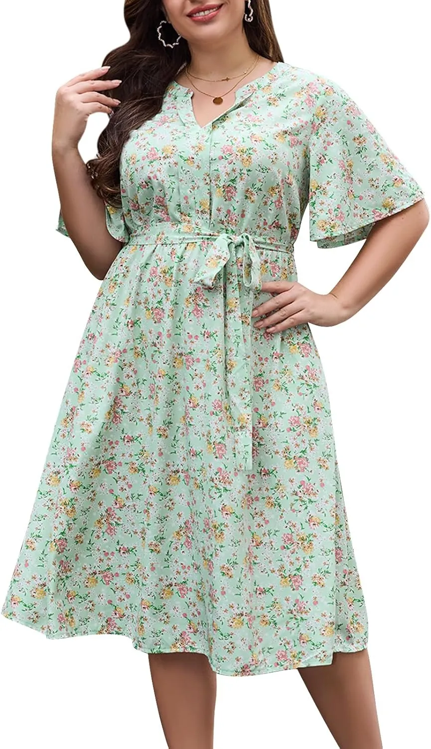 Keluummi Plus Size Summer Midi Dresses for Curvy Women, Casual Floral V Neck Flutter Sleeve A Line Dress with Belt and Pocket
