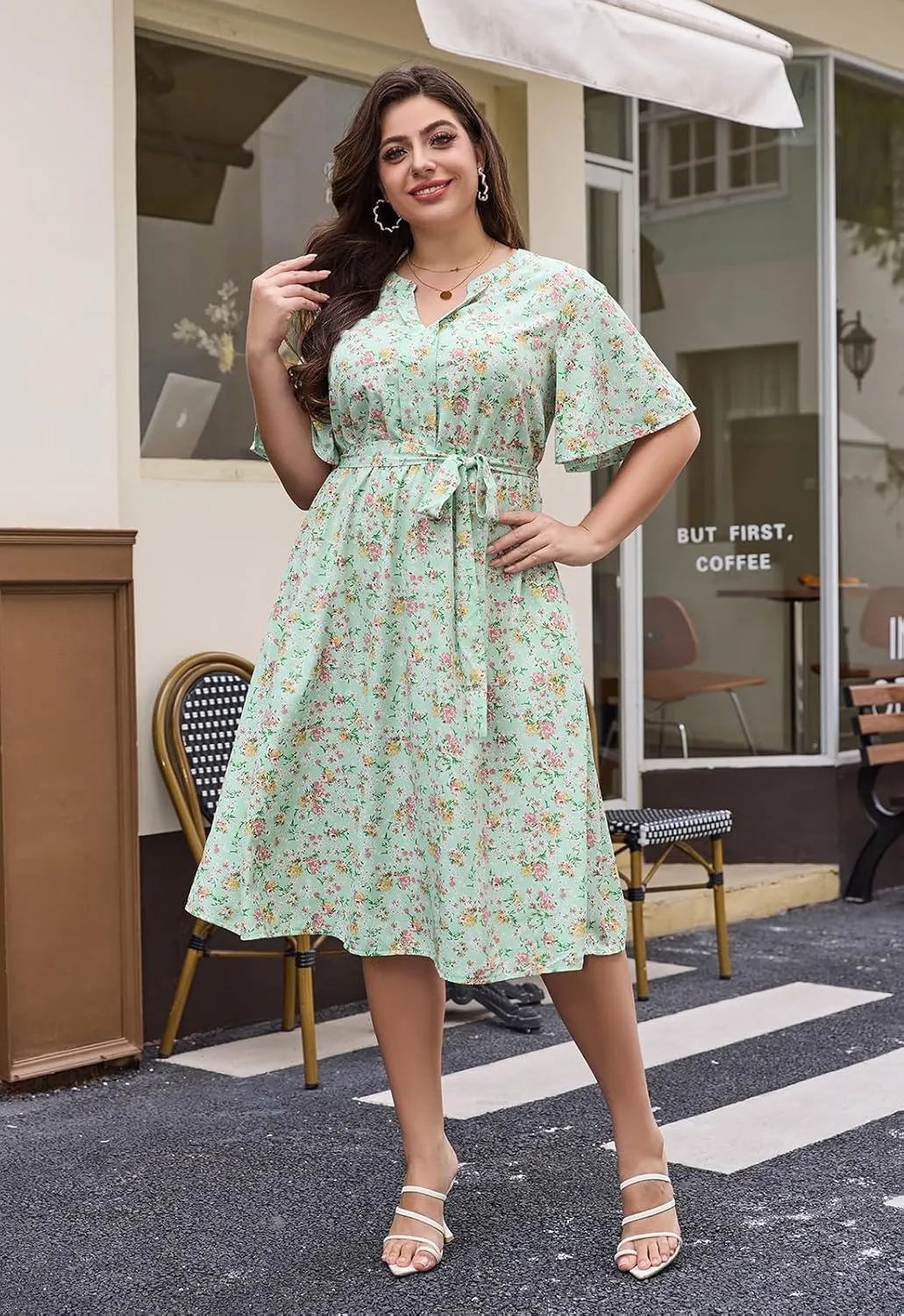 Keluummi Plus Size Summer Midi Dresses for Curvy Women, Casual Floral V Neck Flutter Sleeve A Line Dress with Belt and Pocket