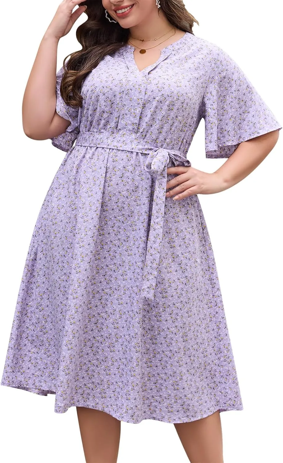 Keluummi Plus Size Summer Midi Dresses for Curvy Women, Casual Floral V Neck Flutter Sleeve A Line Dress with Belt and Pocket