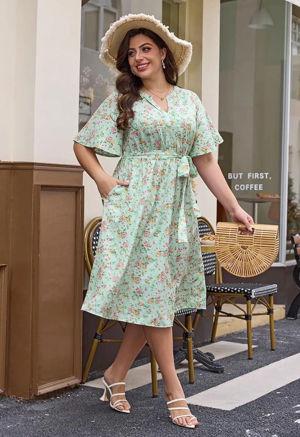 Keluummi Plus Size Summer Midi Dresses for Curvy Women, Casual Floral V Neck Flutter Sleeve A Line Dress with Belt and Pocket