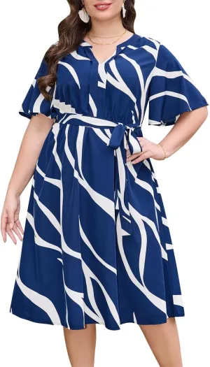 Keluummi Plus Size Summer Midi Dresses for Curvy Women, Casual Floral V Neck Flutter Sleeve A Line Dress with Belt and Pocket