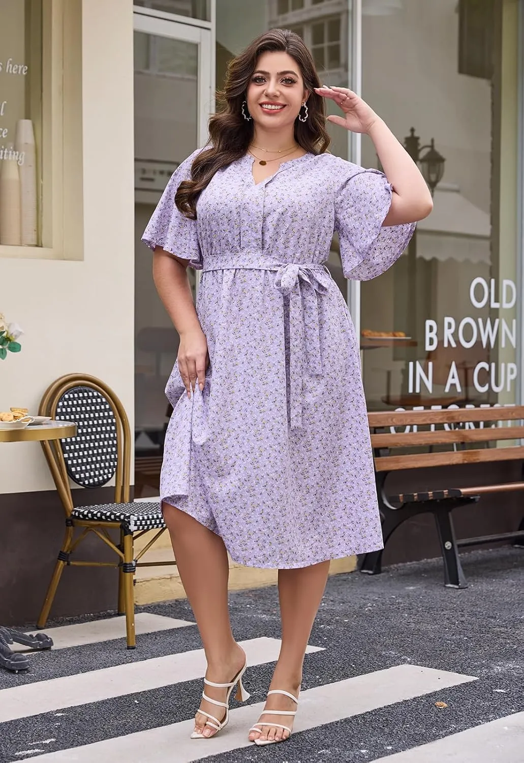 Keluummi Plus Size Summer Midi Dresses for Curvy Women, Casual Floral V Neck Flutter Sleeve A Line Dress with Belt and Pocket