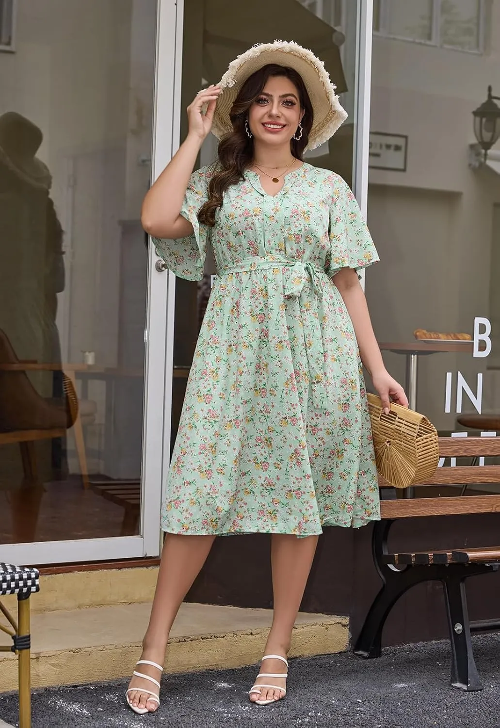 Keluummi Plus Size Summer Midi Dresses for Curvy Women, Casual Floral V Neck Flutter Sleeve A Line Dress with Belt and Pocket