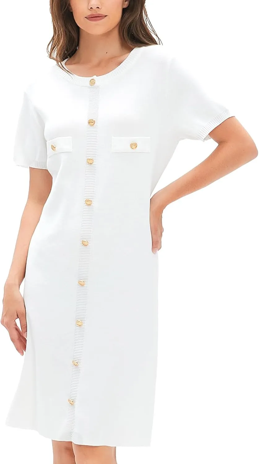 KEOMUD Work Dresses for Women 2025 Elegant Classy,Summer Short Sleeve Button Down Knit Midi Sweater Dresses for Office