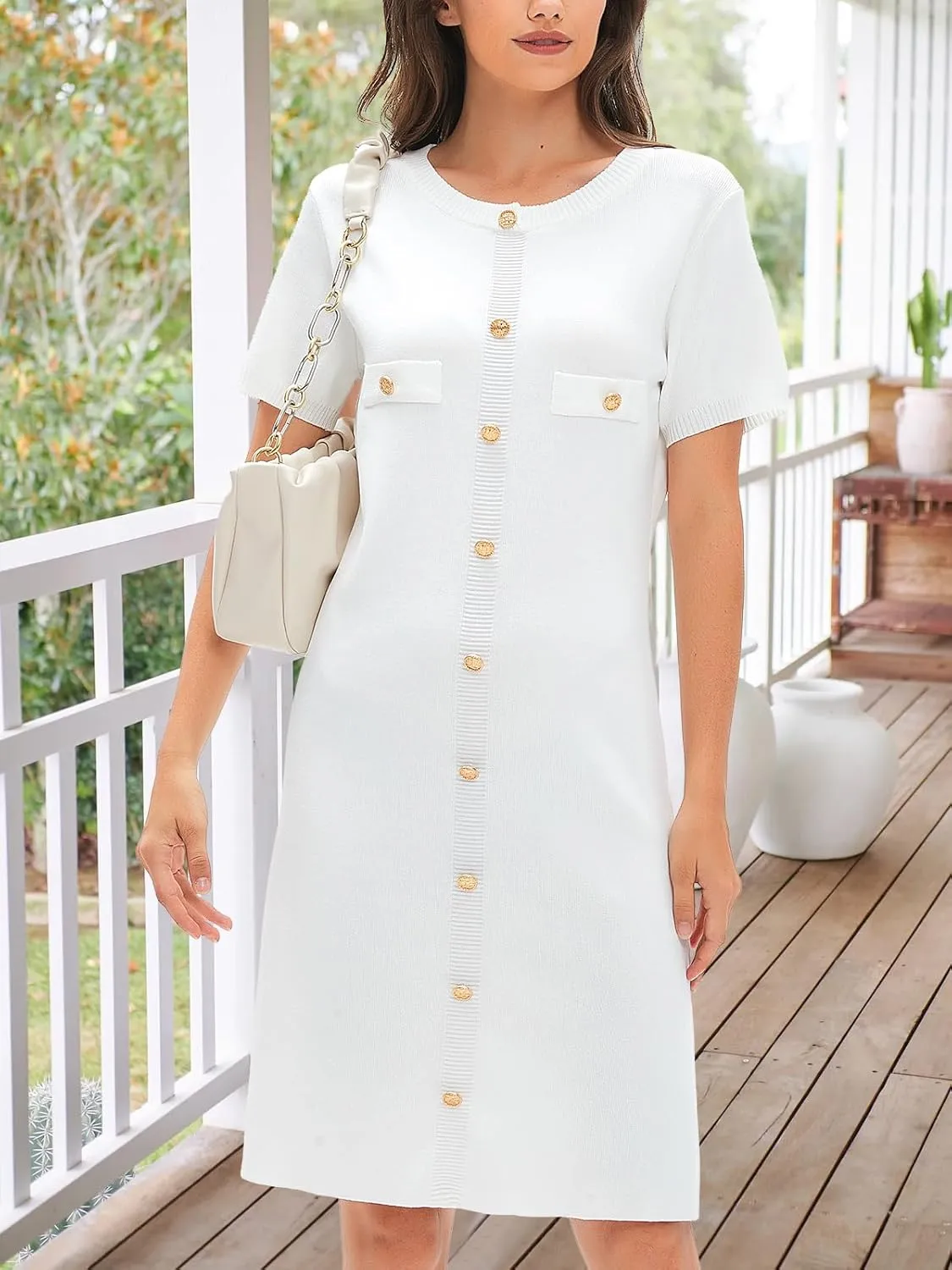 KEOMUD Work Dresses for Women 2025 Elegant Classy,Summer Short Sleeve Button Down Knit Midi Sweater Dresses for Office