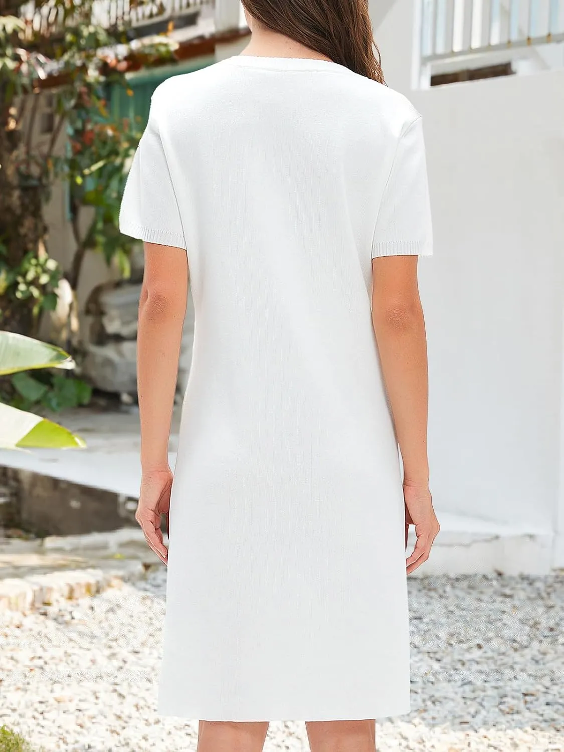 KEOMUD Work Dresses for Women 2025 Elegant Classy,Summer Short Sleeve Button Down Knit Midi Sweater Dresses for Office