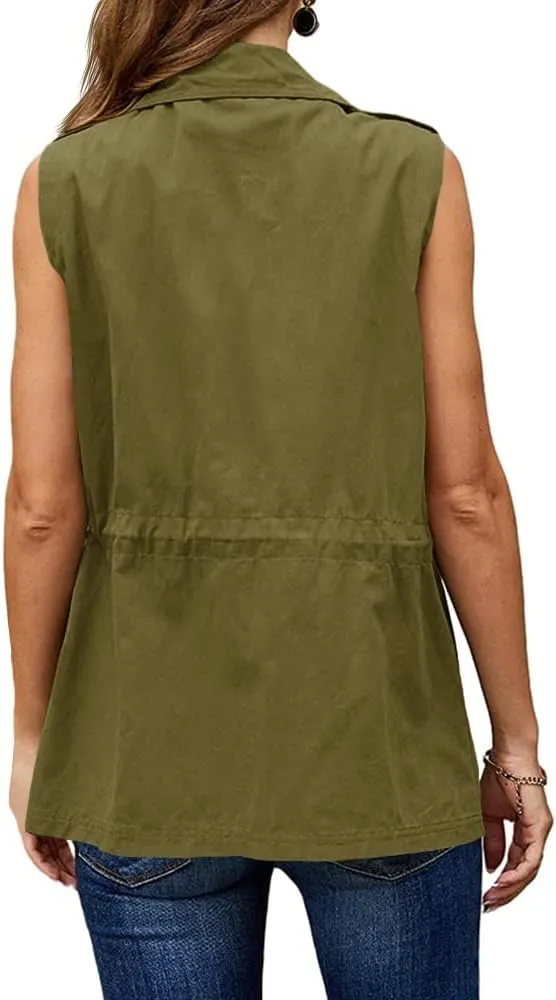 Koodred Women's Casual Military Utility Vest Lightweight Sleeveless Drawstring Jackets with Pockets