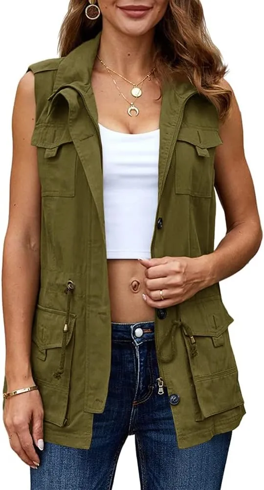 Koodred Women's Casual Military Utility Vest Lightweight Sleeveless Drawstring Jackets with Pockets