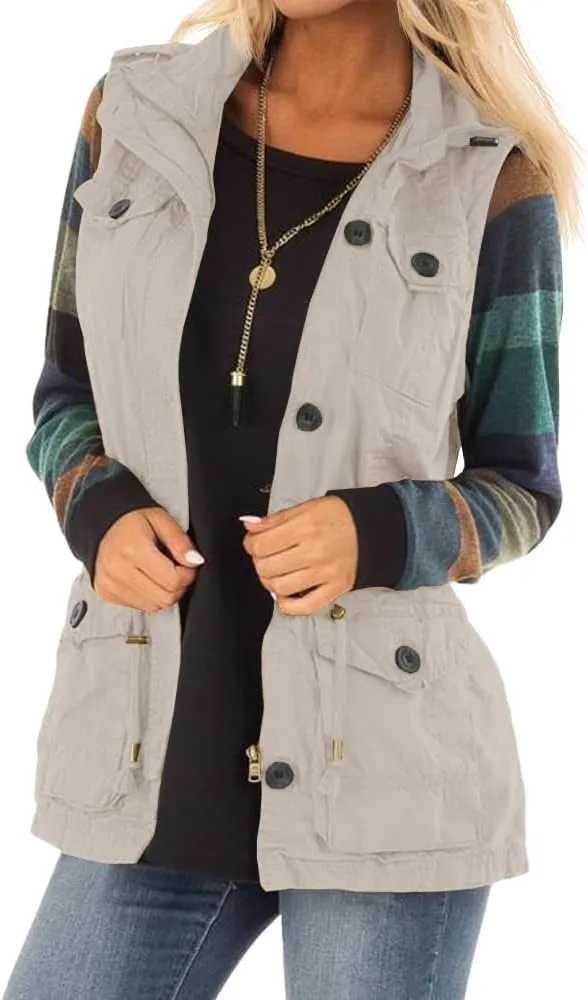 Koodred Women's Casual Military Utility Vest Lightweight Sleeveless Drawstring Jackets with Pockets