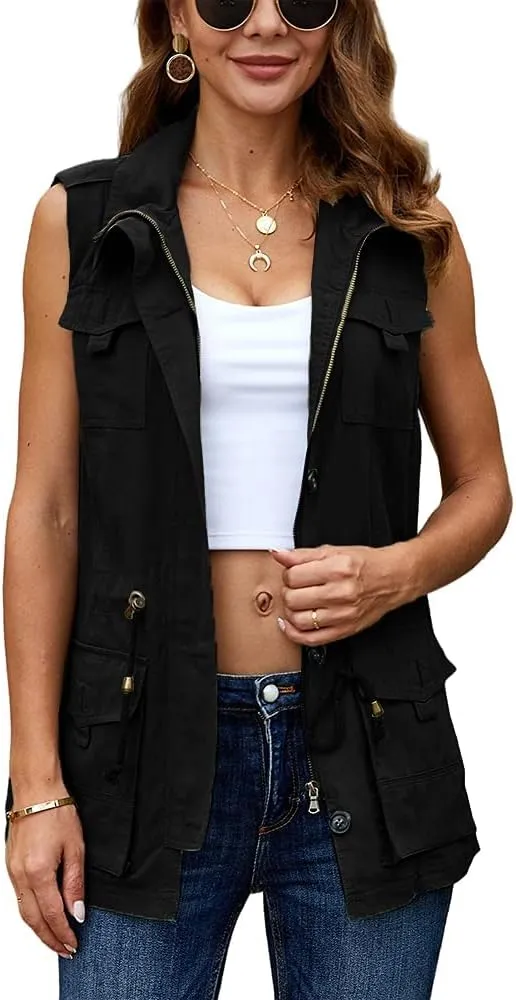 Koodred Women's Casual Military Utility Vest Lightweight Sleeveless Drawstring Jackets with Pockets