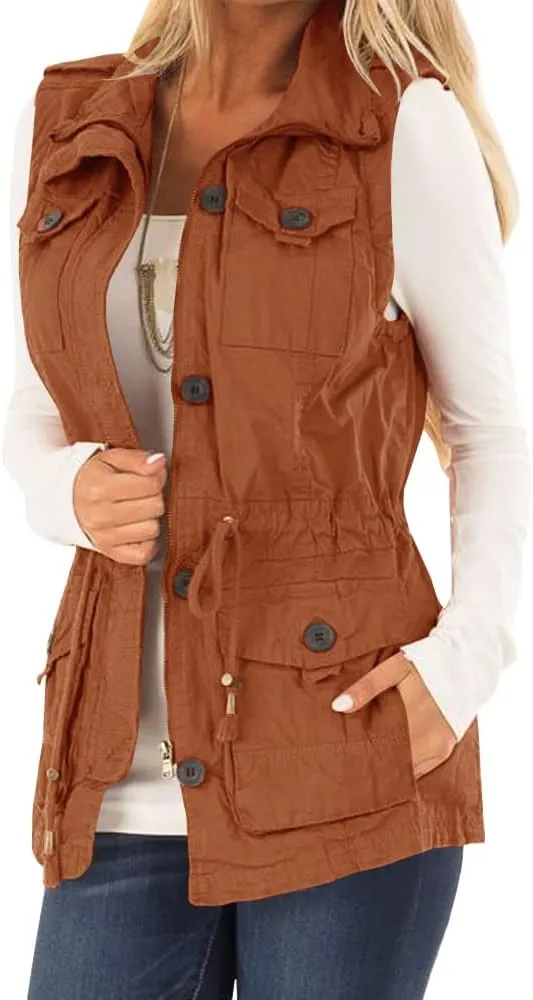 Koodred Women's Casual Military Utility Vest Lightweight Sleeveless Drawstring Jackets with Pockets