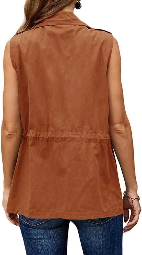 Koodred Women's Casual Military Utility Vest Lightweight Sleeveless Drawstring Jackets with Pockets
