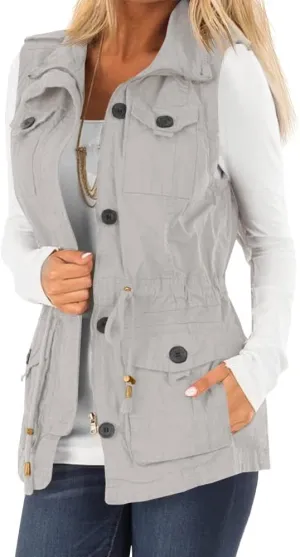 Koodred Women's Casual Military Utility Vest Lightweight Sleeveless Drawstring Jackets with Pockets