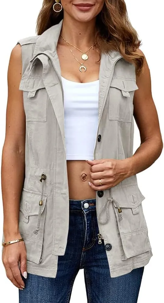 Koodred Women's Casual Military Utility Vest Lightweight Sleeveless Drawstring Jackets with Pockets
