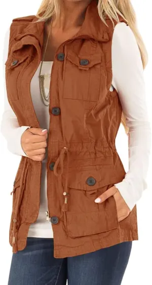 Koodred Women's Casual Military Utility Vest Lightweight Sleeveless Drawstring Jackets with Pockets
