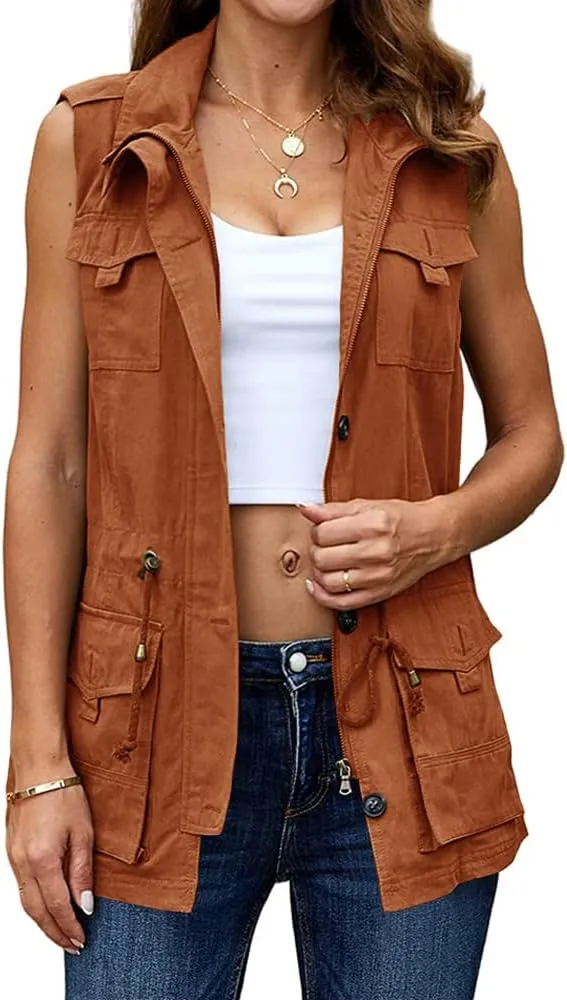 Koodred Women's Casual Military Utility Vest Lightweight Sleeveless Drawstring Jackets with Pockets