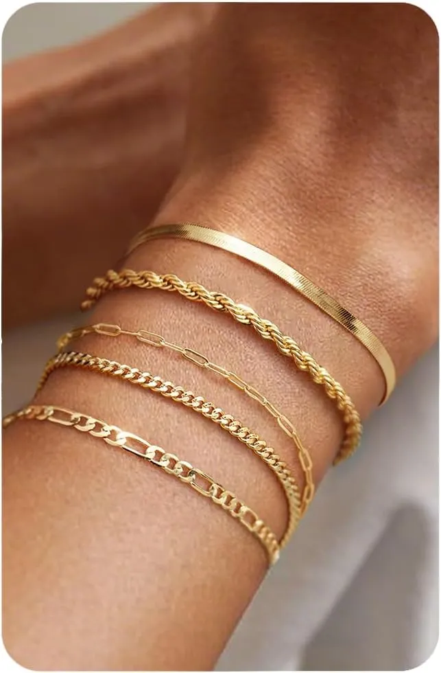 Krfy 5 Pcs Gold Silver Bracelets for Women Trendy 16K Gold Bracelet Stack Non Tarnish Waterproof Bracelets for Women Fashion Accessories Paperclip Herringbone Figaro Cuban Chain Bracelet Stackable