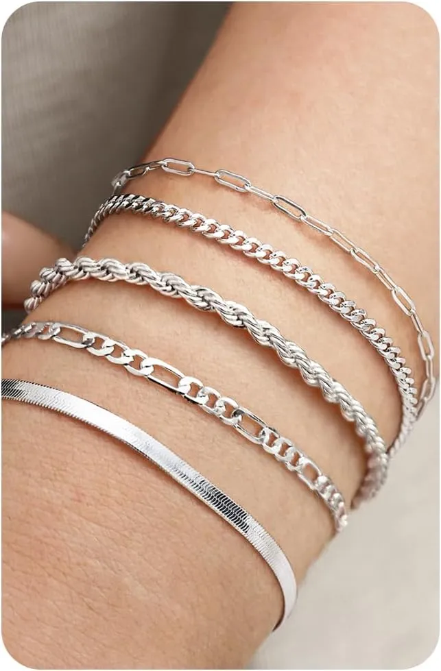Krfy 5 Pcs Gold Silver Bracelets for Women Trendy 16K Gold Bracelet Stack Non Tarnish Waterproof Bracelets for Women Fashion Accessories Paperclip Herringbone Figaro Cuban Chain Bracelet Stackable