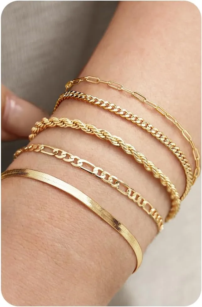 Krfy 5 Pcs Gold Silver Bracelets for Women Trendy 16K Gold Bracelet Stack Non Tarnish Waterproof Bracelets for Women Fashion Accessories Paperclip Herringbone Figaro Cuban Chain Bracelet Stackable