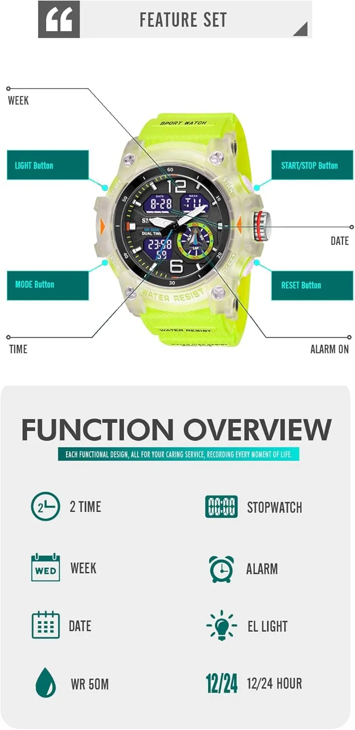 KXAITO Men's Analog Sports Watch Military Watch Outdoor LED Stopwatch Digital Electronic Large Dual Display Waterproof Tactical Army Wrist Watches for Men 8007