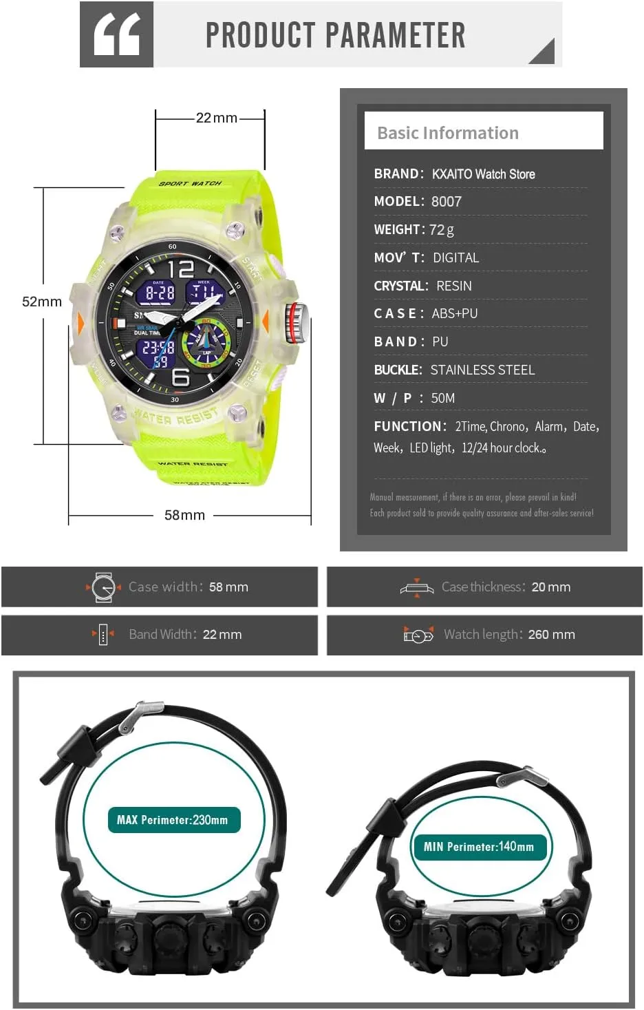 KXAITO Men's Analog Sports Watch Military Watch Outdoor LED Stopwatch Digital Electronic Large Dual Display Waterproof Tactical Army Wrist Watches for Men 8007