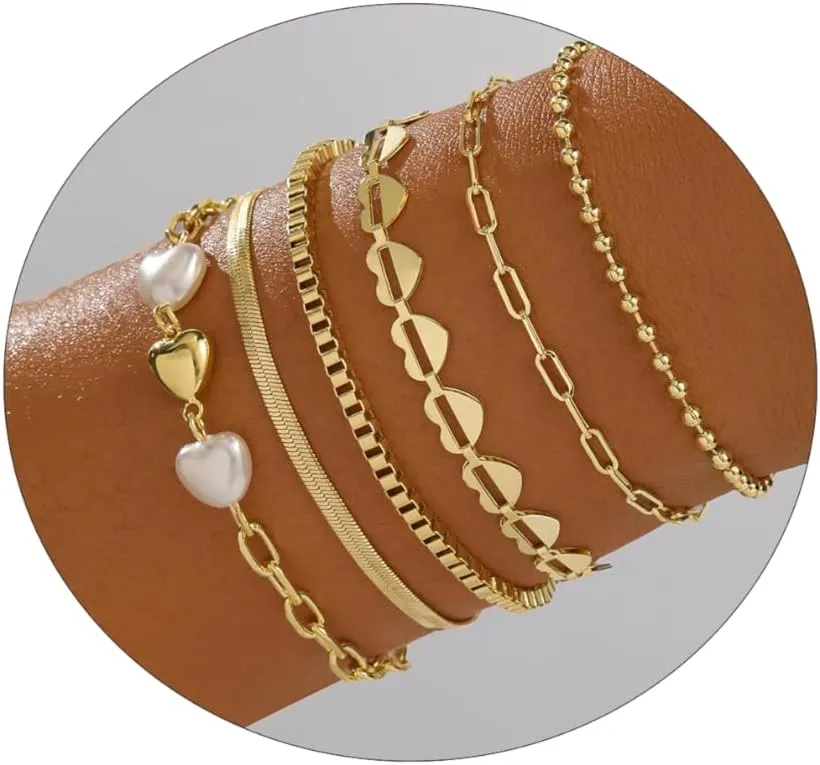 Kyerlyn Gold Bracelets for Women Trendy 14K Gold Plated Bracelet Link Bracelet Set Dainty Stack Adjustable Layered Bracelets Cute Bracelets for Women Everyday Jewelry Gifts