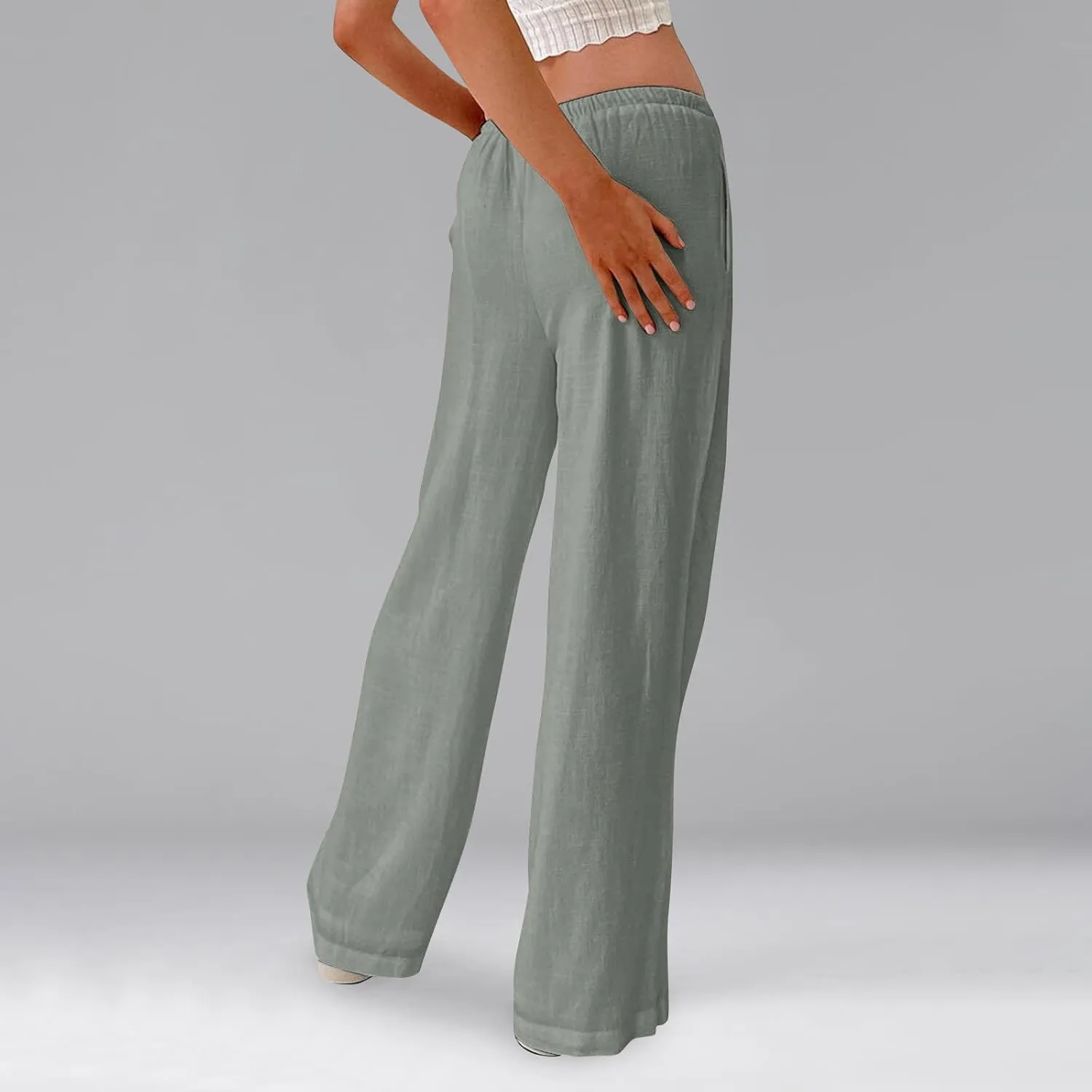 Ladies Linen Pants Summer Wide Leg Pants Drawstring Elastic High Waist Trousers Loose Petite Palazzo Pant with Pocket