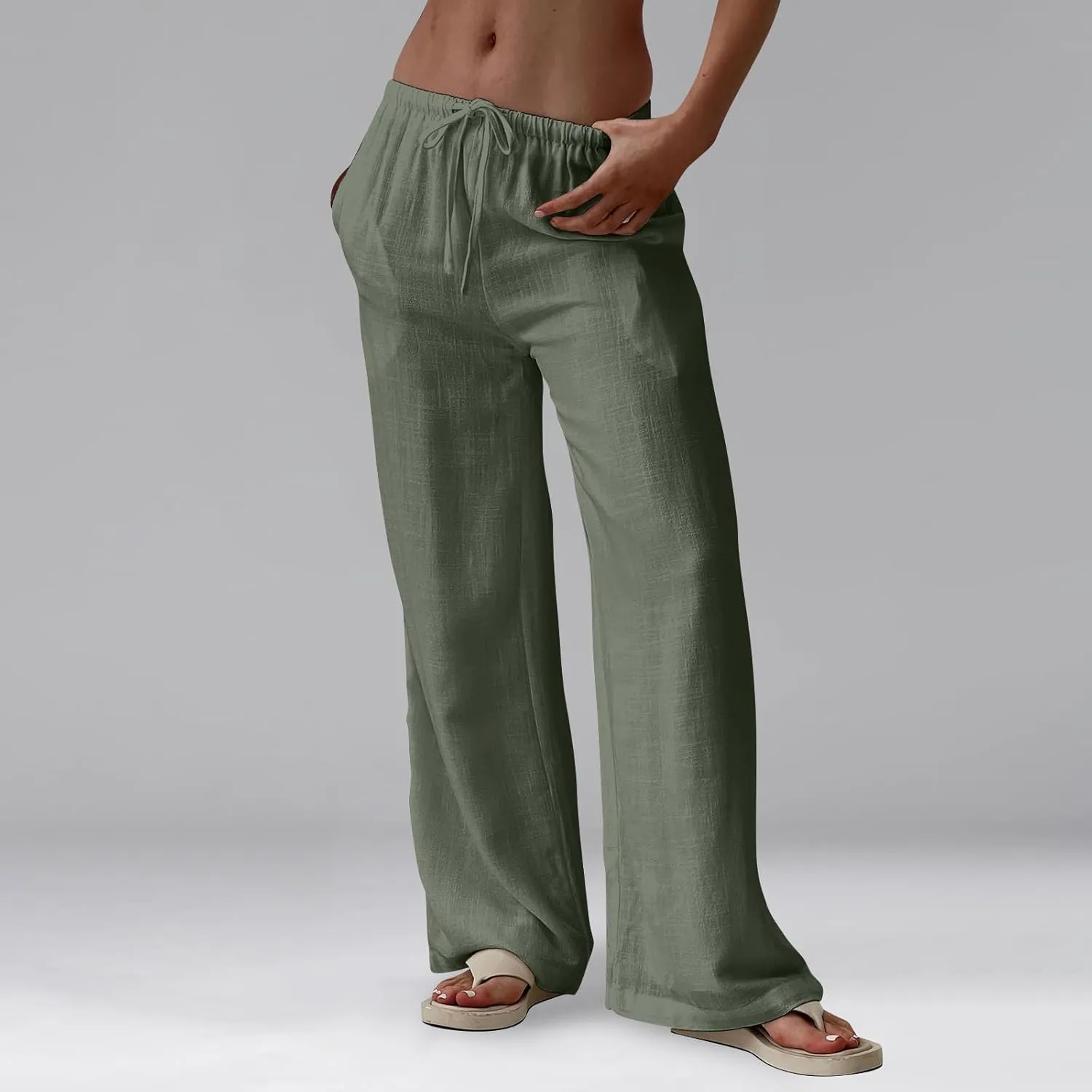 Ladies Linen Pants Summer Wide Leg Pants Drawstring Elastic High Waist Trousers Loose Petite Palazzo Pant with Pocket