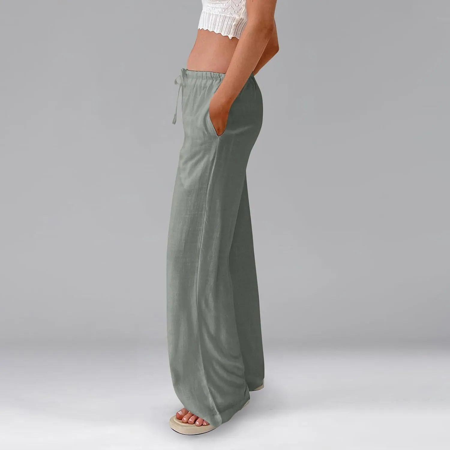 Ladies Linen Pants Summer Wide Leg Pants Drawstring Elastic High Waist Trousers Loose Petite Palazzo Pant with Pocket
