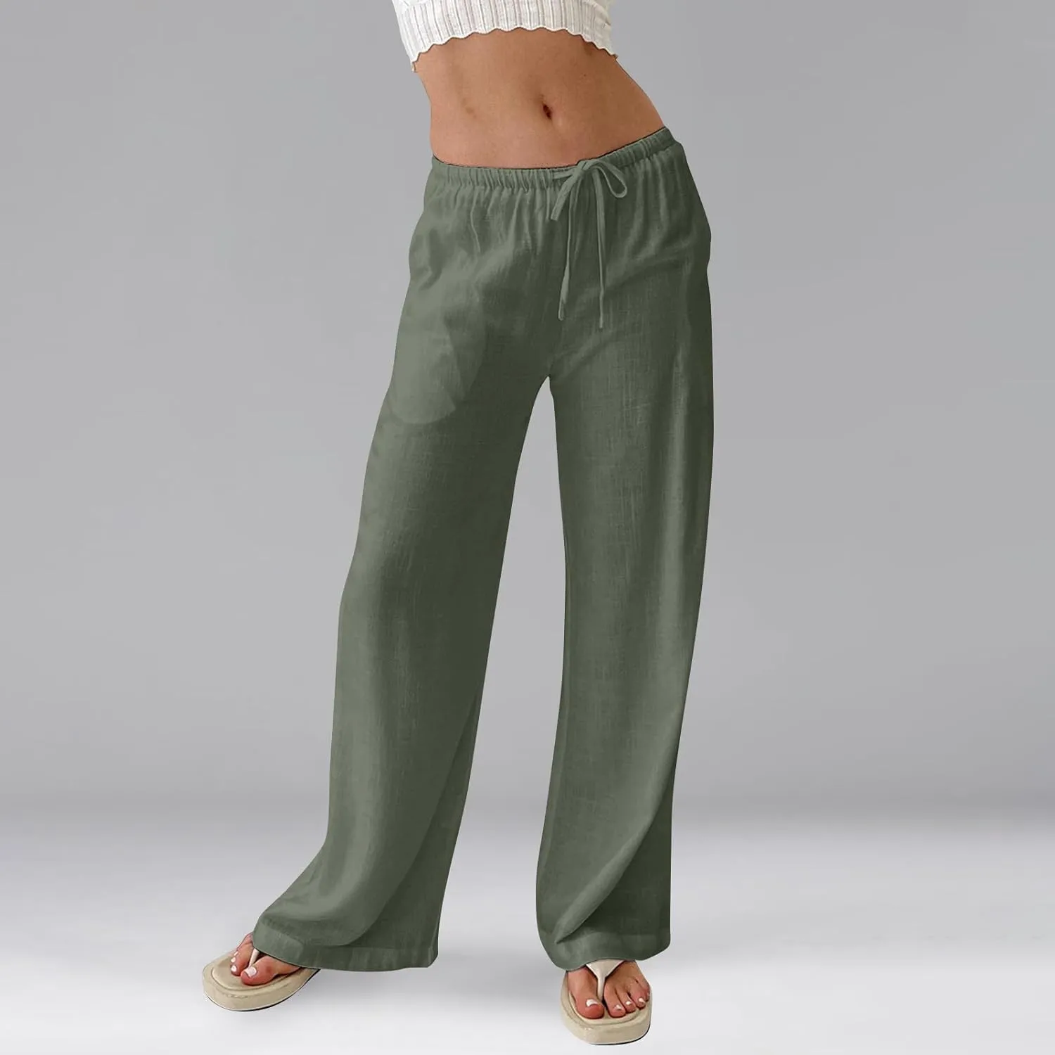 Ladies Linen Pants Summer Wide Leg Pants Drawstring Elastic High Waist Trousers Loose Petite Palazzo Pant with Pocket
