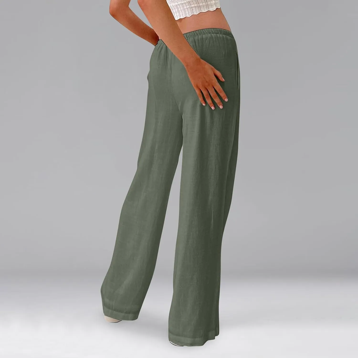Ladies Linen Pants Summer Wide Leg Pants Drawstring Elastic High Waist Trousers Loose Petite Palazzo Pant with Pocket