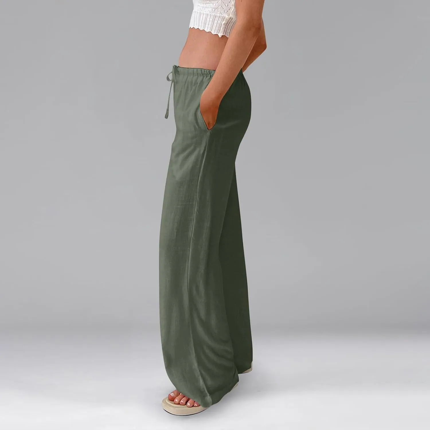 Ladies Linen Pants Summer Wide Leg Pants Drawstring Elastic High Waist Trousers Loose Petite Palazzo Pant with Pocket