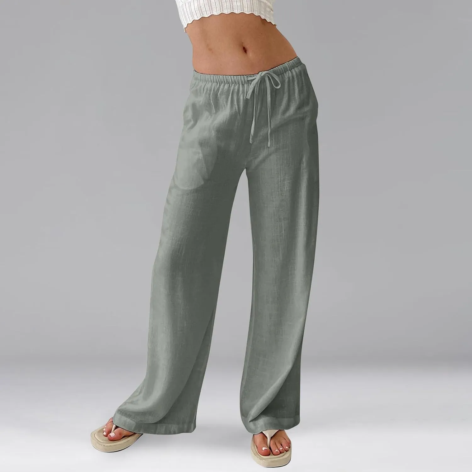 Ladies Linen Pants Summer Wide Leg Pants Drawstring Elastic High Waist Trousers Loose Petite Palazzo Pant with Pocket