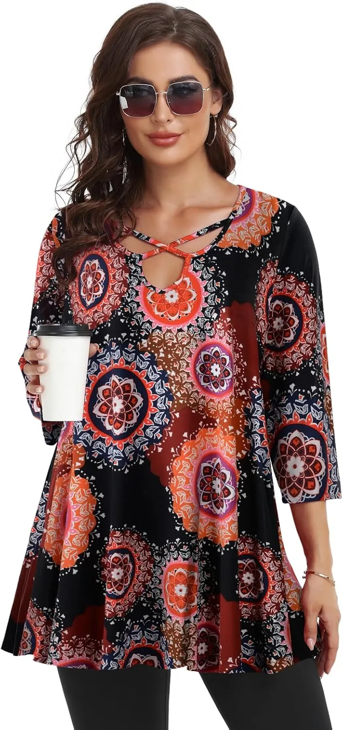 LARACE Plus Size Tops for Women V Neck 3/4 Sleeve Tunic Criss Cross Dress Shirts Casual Fall Blouse for Leggings